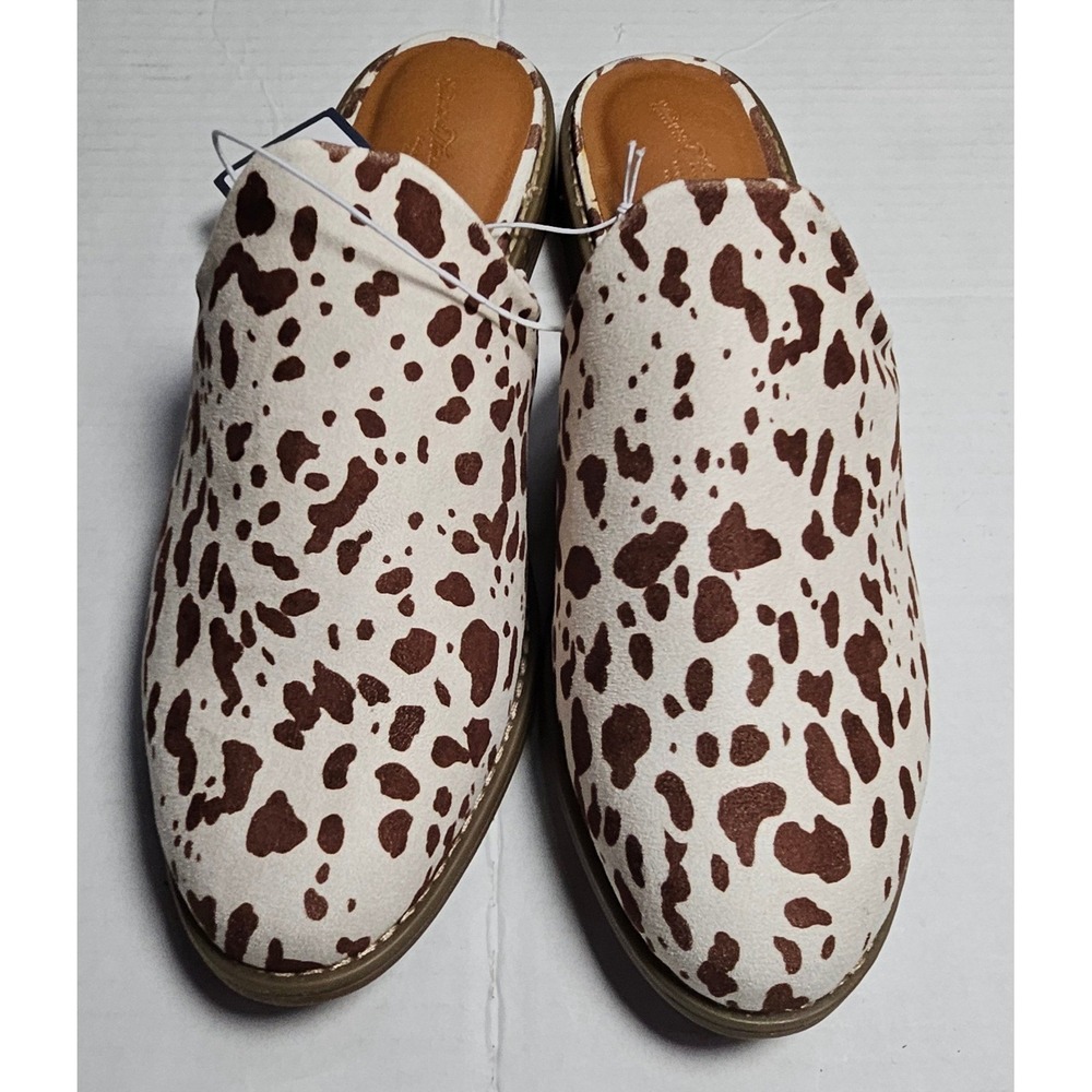 Universal Thread Maura Cow Print Mules Brown White Pointed Toe Flats Womens 9